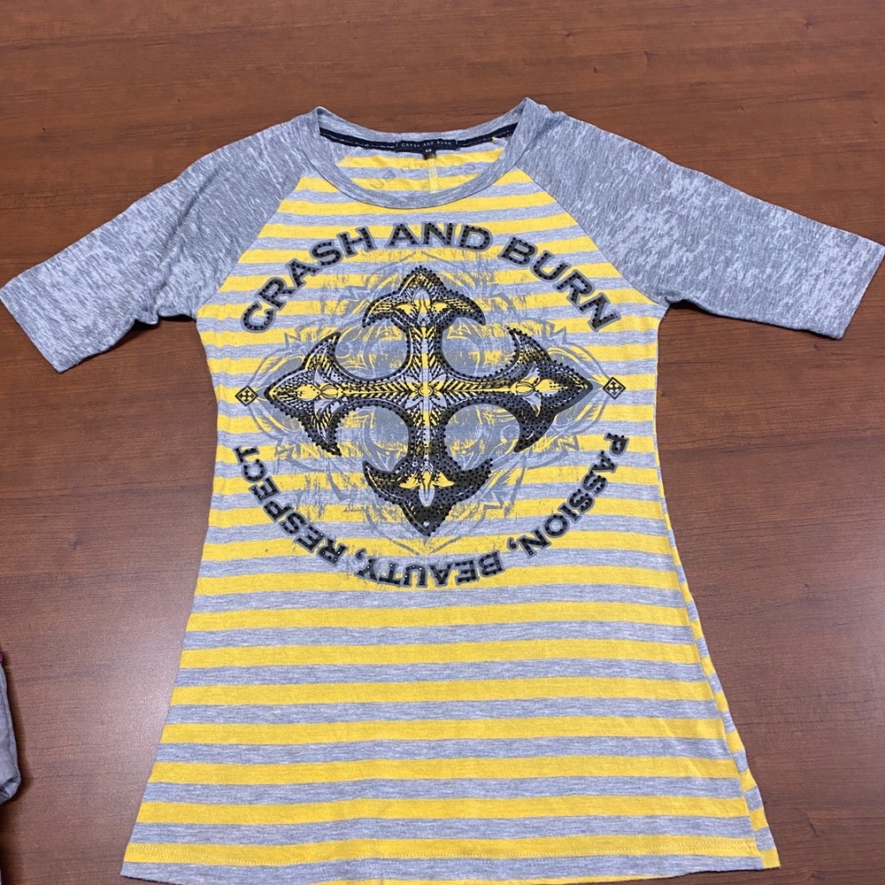 Crash & Burn Yellow & Gray Stripped Tee 3/4 Sleeve  Medium